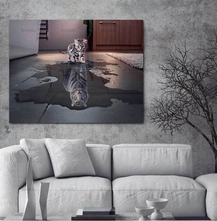 Cat and Tiger Pictures Paintings Canvas Wall Art Painting Decor