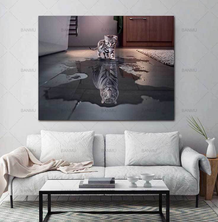 Cat and Tiger Pictures Paintings Canvas Wall Art Painting Decor