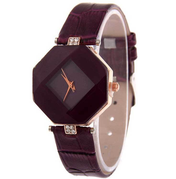 Gem Cut Geometry Crystal Leather Quartz Wristwatch Fashion Dress